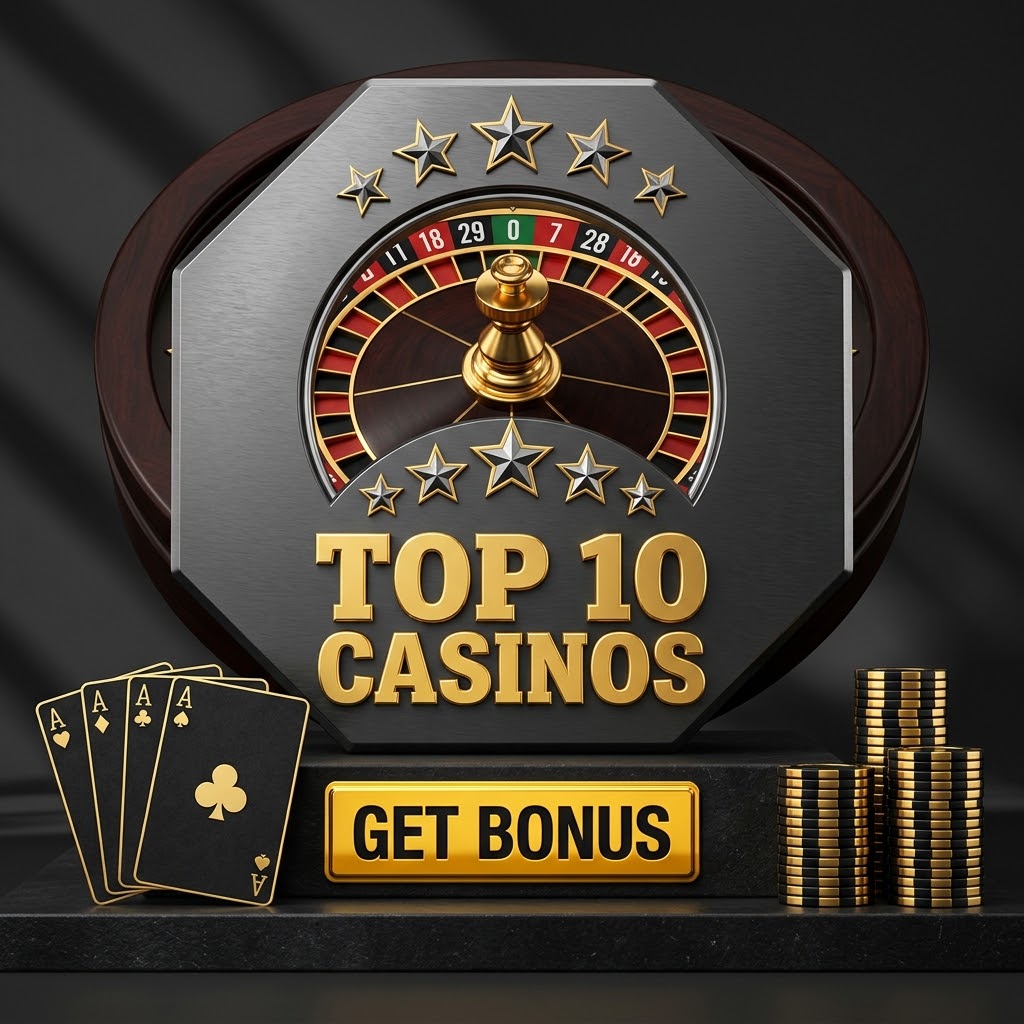 Roulette wheel plaque with gold Top 10 Casinos lettering, playing cards and stacked coins